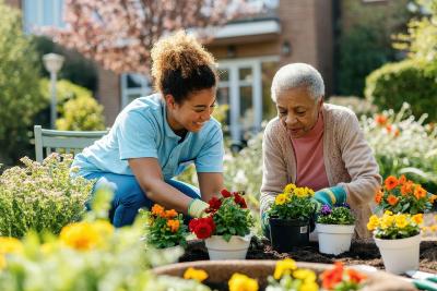 A female carer and an older woman doing some planting in a garden